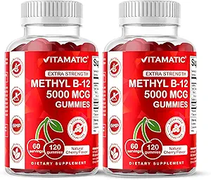 Vitamatic 2 Packs Extra Strength Vitamin B12 5000 mcg (Methyl B12) Gummies - 120 Count - Energy Metabolism Support and Nervous System Health Support, Natural Cherry Flavored