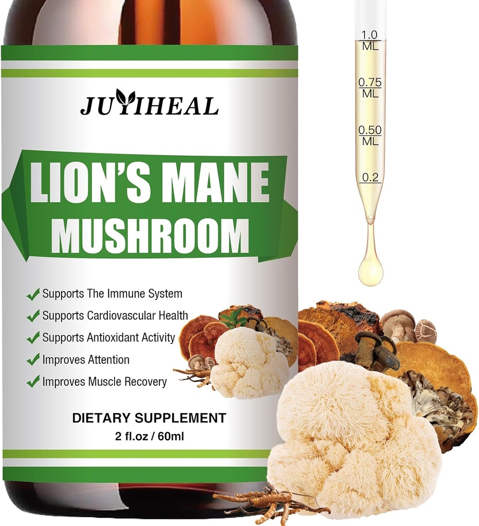 Lions Mane Liquid - Brain Support, Energy, Memory & Focus - Sugar & Alcohol- Free Lions Mane Supplement - 2 Fl OZ, 2 Måned Supply