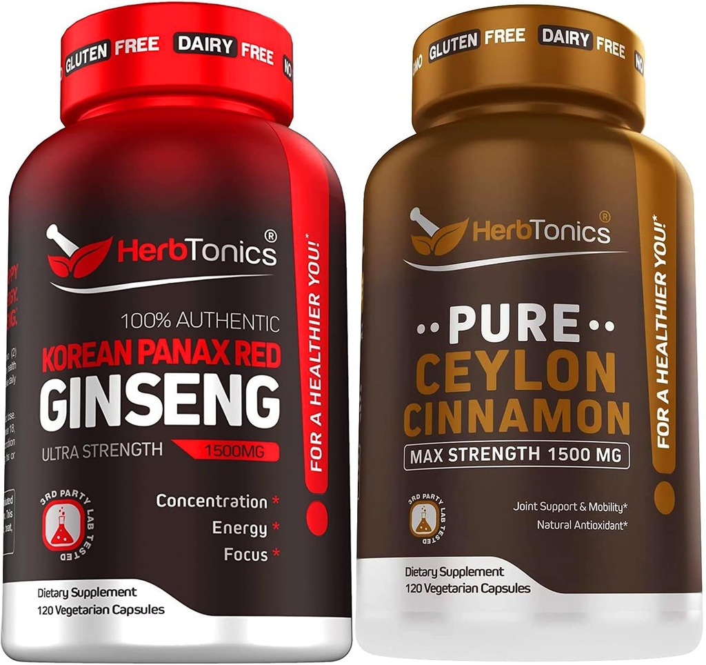 Koreansk rød Panax Ginseng 1500mg - Høj potens Ginseng for energi, ydeevne og immunforsvar til mænd og kvinder - Pure Ceylon kanel kapsler til forbedret velvære - 1500mg per servering