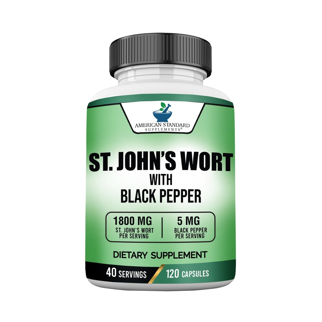 American Standard Kosttilskud St. John 's Wort 1800 mg Per Servering med sort peber frugt ekstrakt - Vegan, Gluten Free, Non- GMO, 120 Kapsler, 40 Servere
