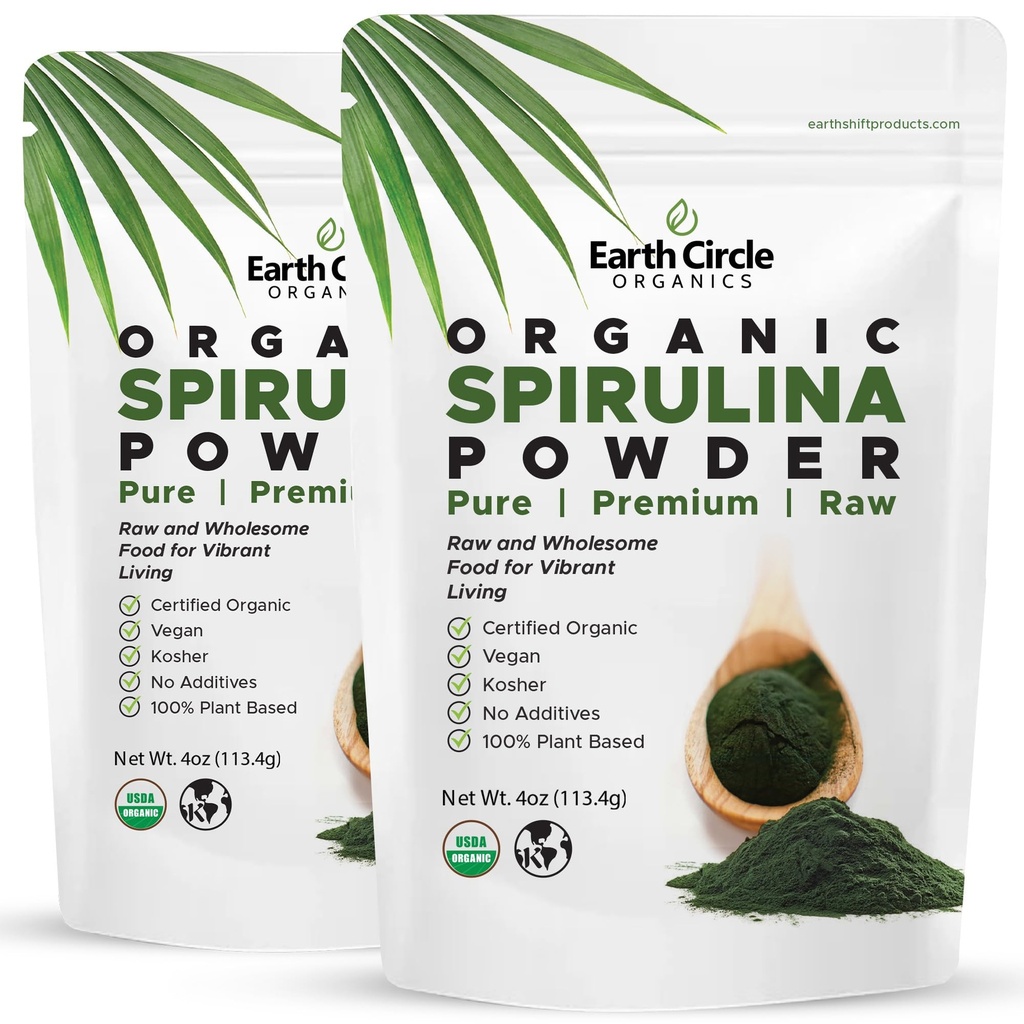 Earth Circle Organics Spirulina Powder, Kosher, Raw and Non- Bedied Medical 124; Pure Vegan Protein Medic124; Premium Superfood, High in Amino Acids and Antioxidants - 4 Ounce (2 pakker)
