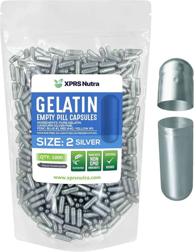 XPRS Nutra Størrelse 2 Tomme kapsler - 1000 Tomme Gelatine kapsler - Piller selv Capsule Fyldning - Pure Bovin Pill Gel Caps til Do- It- Yourself Kosttilskud (Sølv)