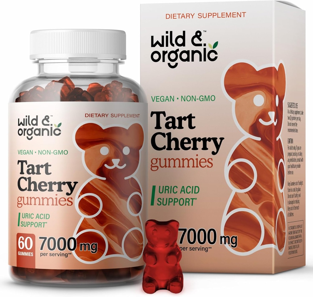 Wild & Organic Tart Cherry Gummies 7000 mg - Tart Cherry Extract Supplement for Uric Level Support - 60 Vegan, Non- GMO Chews