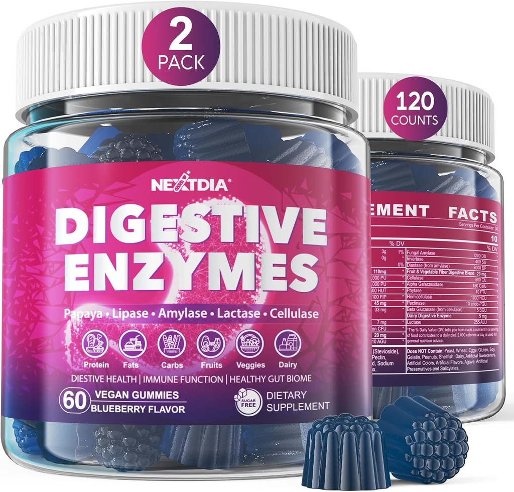 Digitale enzymer til kvinder & mænd Gummies w / Probiotika, Papaya, Bromelain, Ginger - Bloating Relief & Gut Health Chewable Supplement Digest Proteins Dairy Carbs Veggies Fedtstoffer, Sukker Free Vegan, 120Cts