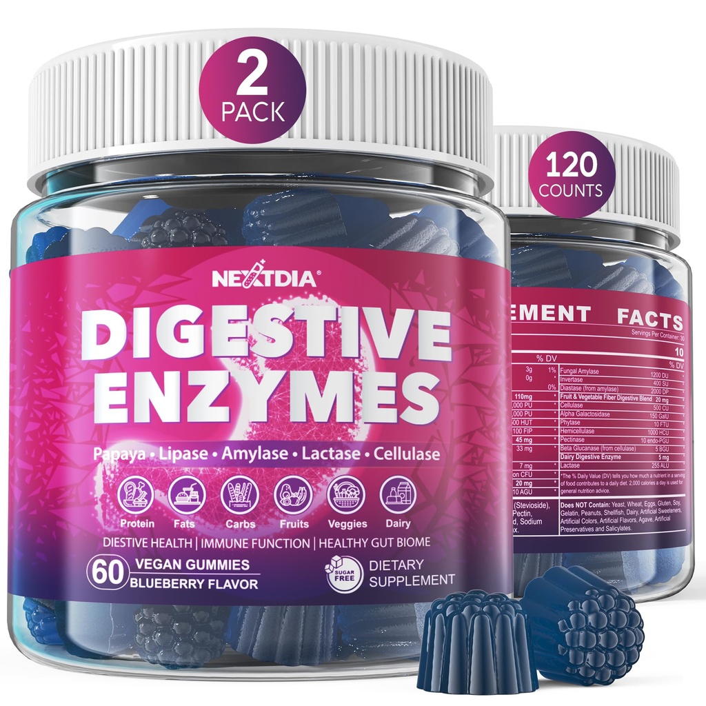 Digitale enzymer til kvinder & mænd Gummies w / Probiotika, Papaya, Bromelain, Ginger - Bloating Relief & Gut Health Chewable Supplement Digest Proteins Dairy Carbs Veggies Fedtstoffer, Sukker Free Vegan, 120Cts