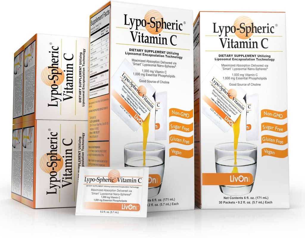 LivOn Laboratories Lypo- Spheric Vitamin C - 6 Æsker (180 Pakninger) - 1. 000 mg C-vitamin & 1. 000 mg Essentielle fosfolipider Per pakke - Liposome indkapslet for forbedret absorption - 100% Non- GMO