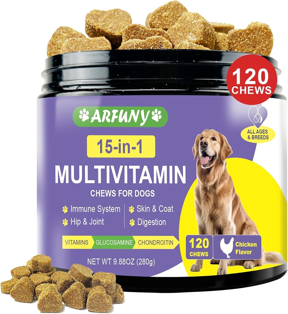 15 i 1 Hund Multivitamin Supplement - Hundevitaminer til immunsystemet, fordøjelse, Hip & Joint, Hud & Coat - med essentielle vitaminer, Glucosamin & Chondroitin - Kylling Flavor, 120 Chews