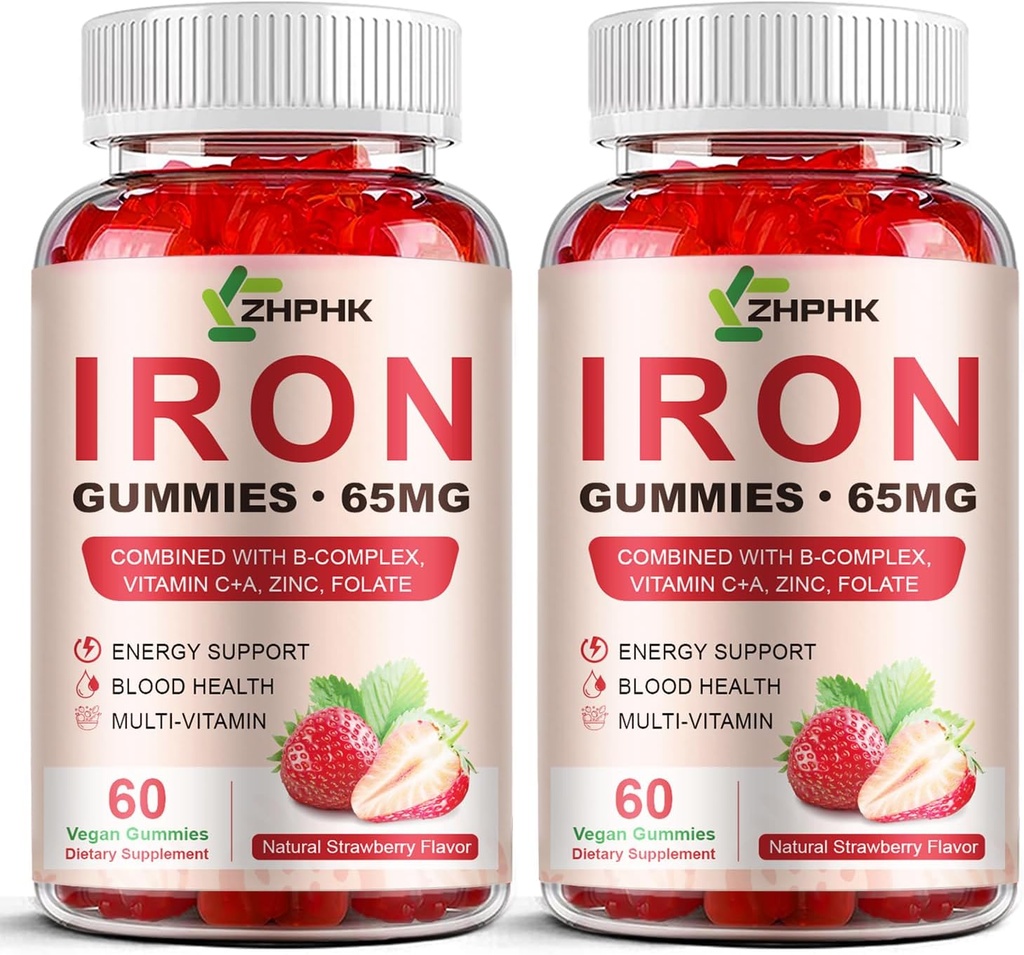 Jern supplement Gummies for kvinder, mænd & børn, 65mg Jern & 250mg C-vitamin per servering - sundt blod, energi & immunforsvar Iron Vitamin Gummy med folat, 2 Pack