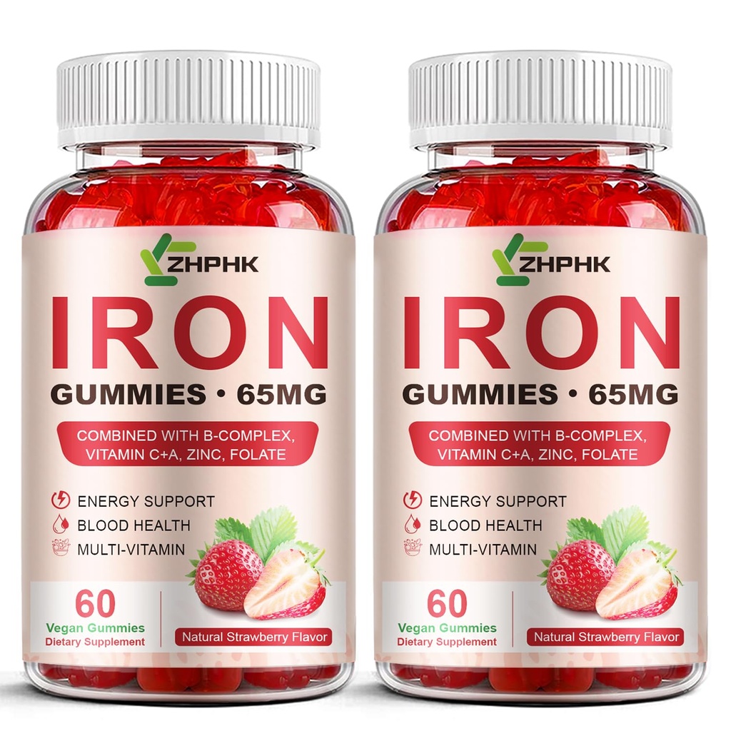 Jern supplement Gummies for kvinder, mænd & børn, 65mg Jern & 250mg C-vitamin per servering - sundt blod, energi & immunforsvar Iron Vitamin Gummy med folat, 2 Pack