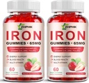 Jern supplement Gummies for kvinder, mænd & børn, 65mg Jern & 250mg C-vitamin per servering - sundt blod, energi & immunforsvar Iron Vitamin Gummy med folat, 2 Pack