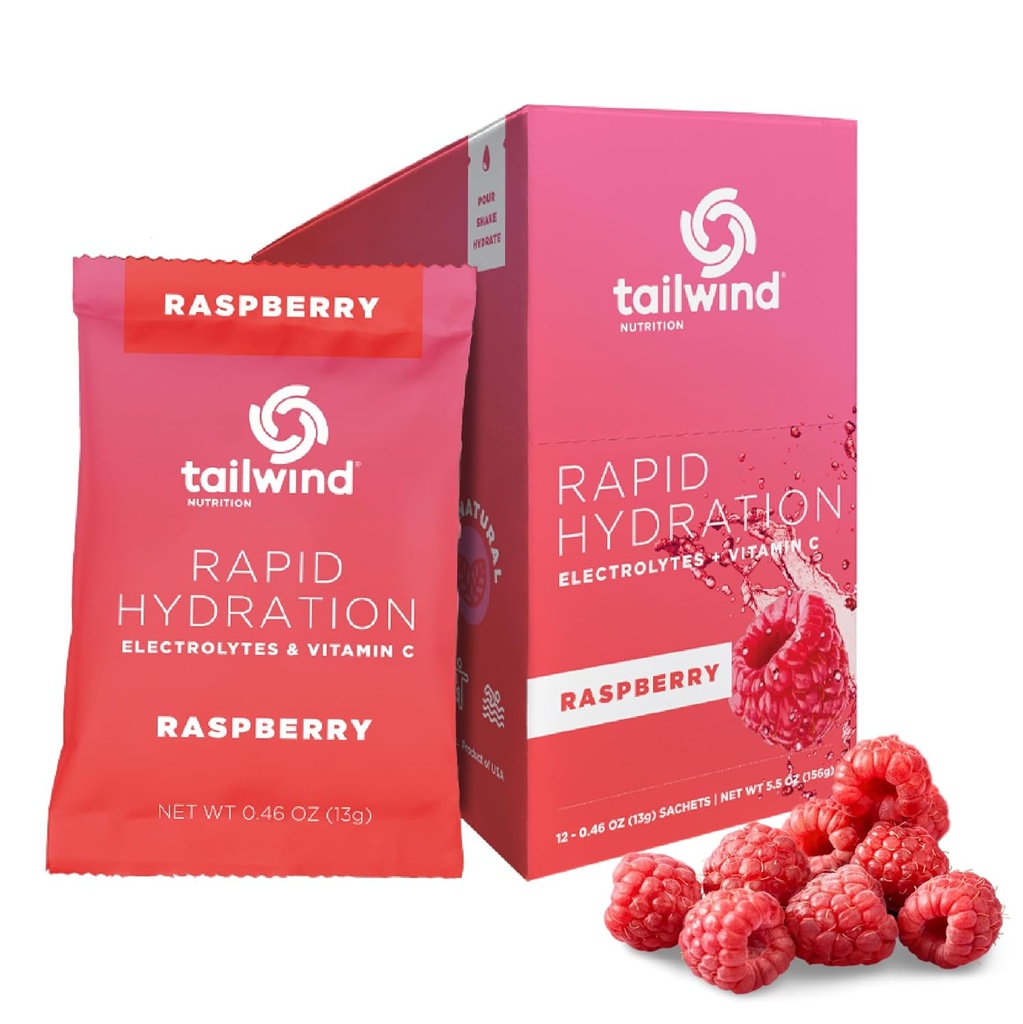 Tailwind Nutrition Rapid Hydration, Electrolyte & Hydration Powder, C-vitamin & Sea Salt Motion Workout Mix, Hindbær, pakke med 12 sticks