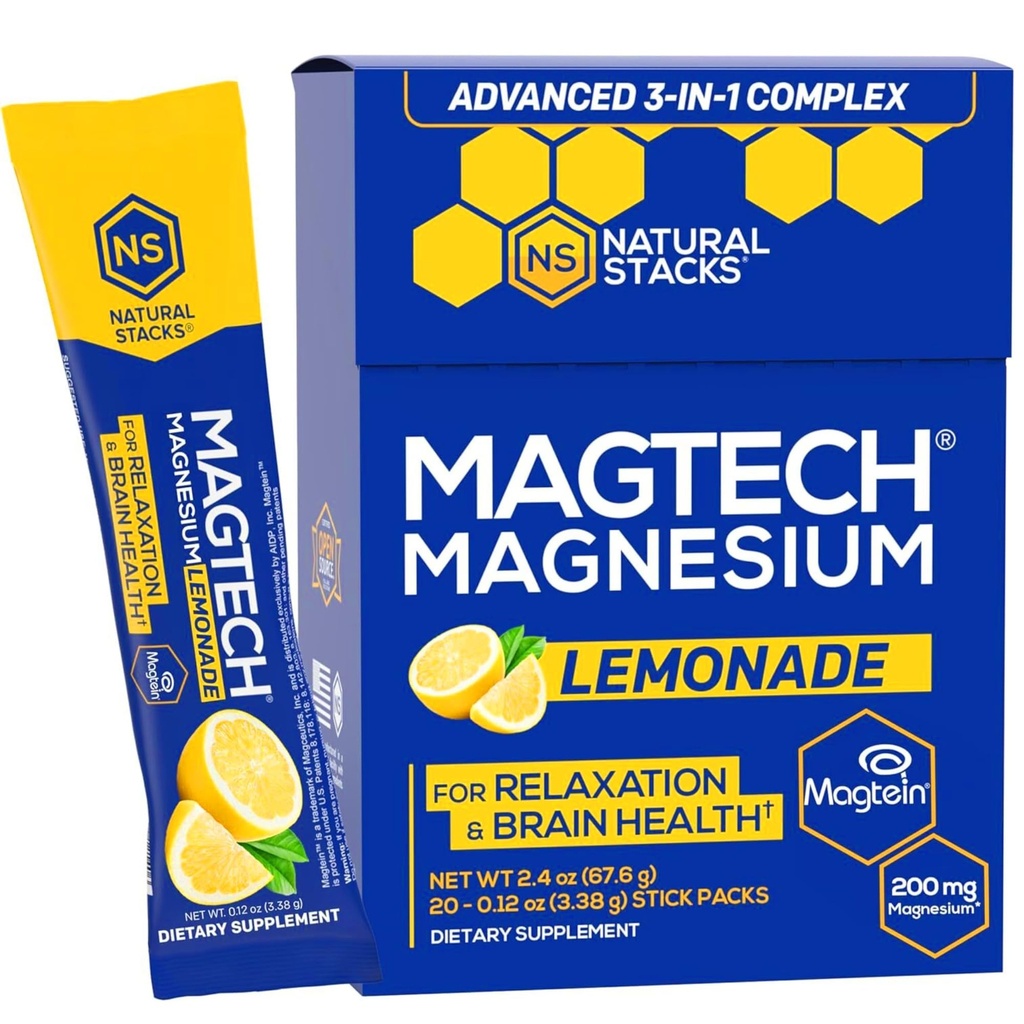 MagTech Magnesium Drink Mix - Sugar Free Lemonade - 3 former for Magnesium: Magtein L- Threonate, Glycinate & Taurate - 200mg Chelated Magnesium Complex - Understøtter afslapning & Brain Health - 20 Serveringer