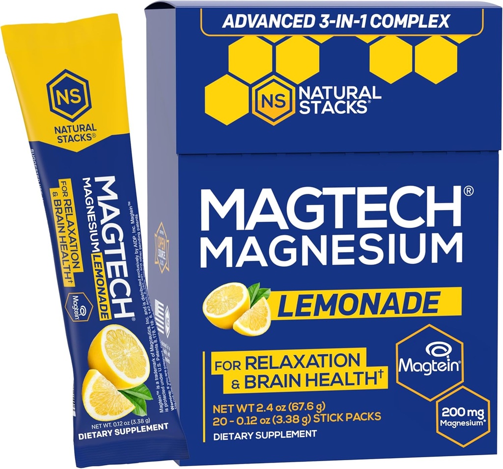 MagTech Magnesium Drink Mix - Sugar Free Lemonade - 3 former for Magnesium: Magtein L- Threonate, Glycinate & Taurate - 200mg Chelated Magnesium Complex - Understøtter afslapning & Brain Health - 20 Serveringer