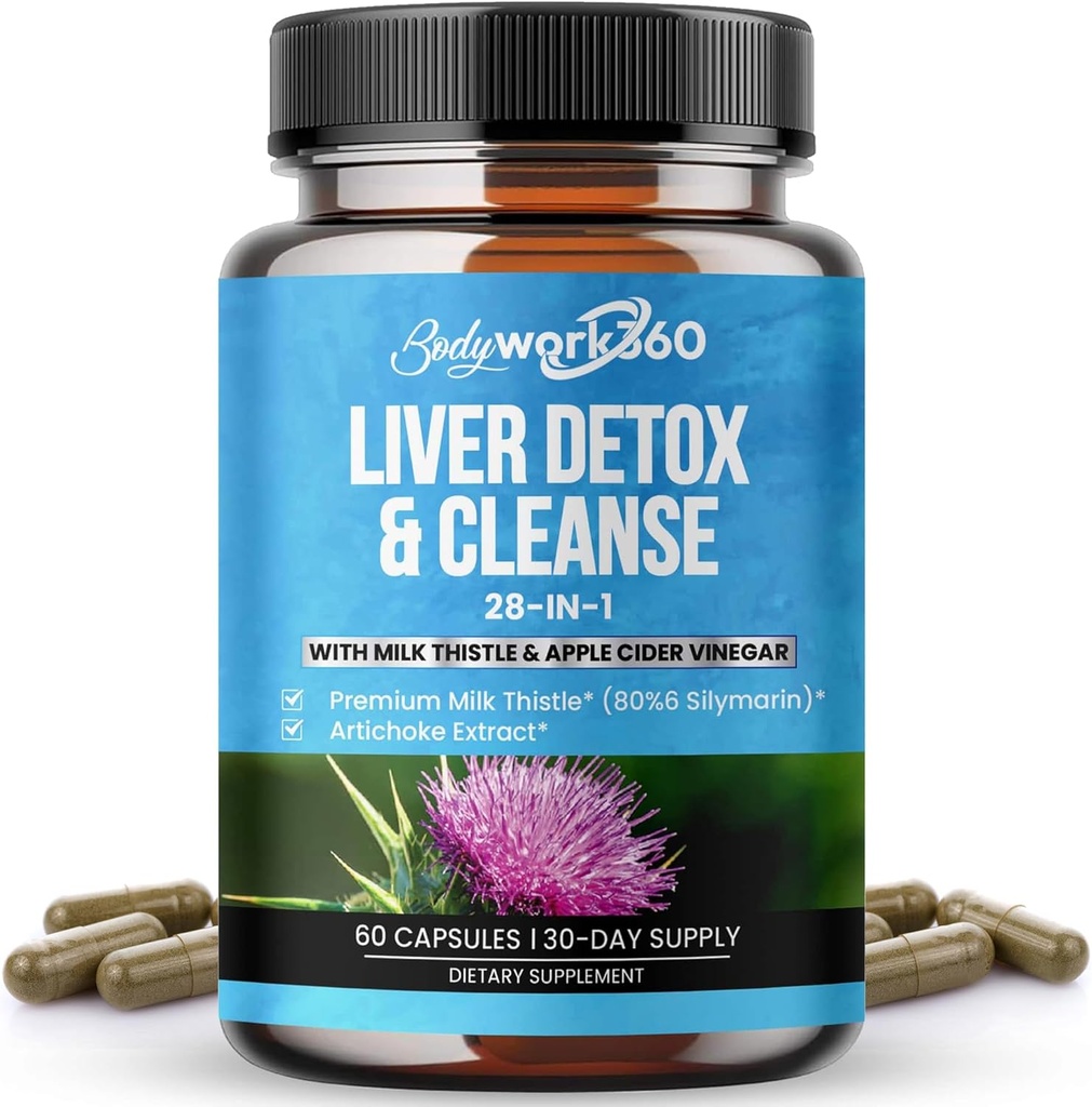 Lever Detox & Cleanse - 28-in-1 Lever reparation og support supplement til mænd og kvinder med mælk tidsel, Apple Cider Vincils, Mælkebøtte Root Extract & Artichoke Extract - non-GMO, 60 kapsler