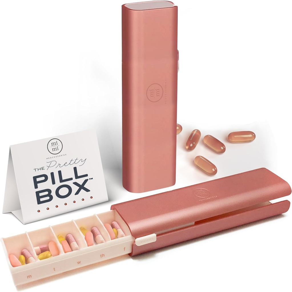 Pretty Pill Box Set - Stilfuld & kompakt Daily Pill Organizer, Medication Pill Case, Pill Container for Vitamin Management, Pill Holder, Rejse Essentials for Kvinder & Mænd - Rose