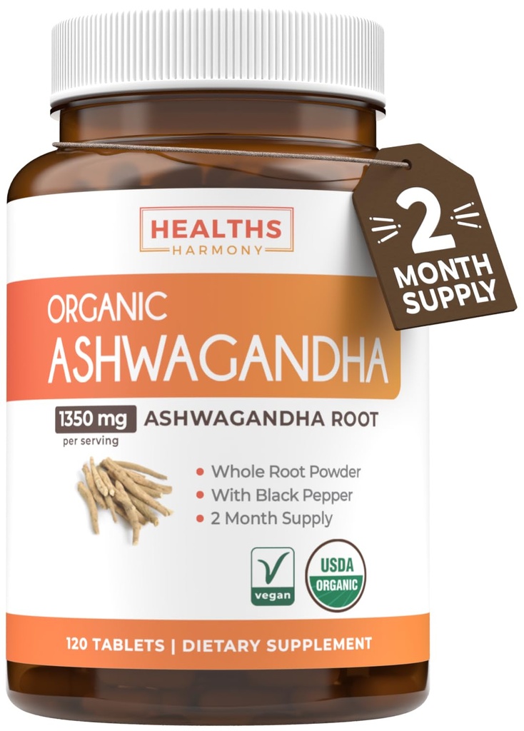 USDA Organic Ashwagandha Supplement - Høj potens Ashwagandha piller lavet med organisk sort peber til forbedret absorption - Vegan Non- GMO Made in the USA & Lab Verified (2 Months Supply)
