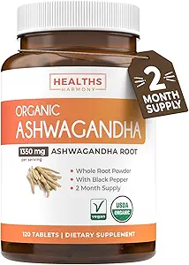 USDA Organic Ashwagandha Supplement - Høj potens Ashwagandha piller lavet med organisk sort peber til forbedret absorption - Vegan Non- GMO Made in the USA & Lab Verified (2 Months Supply)
