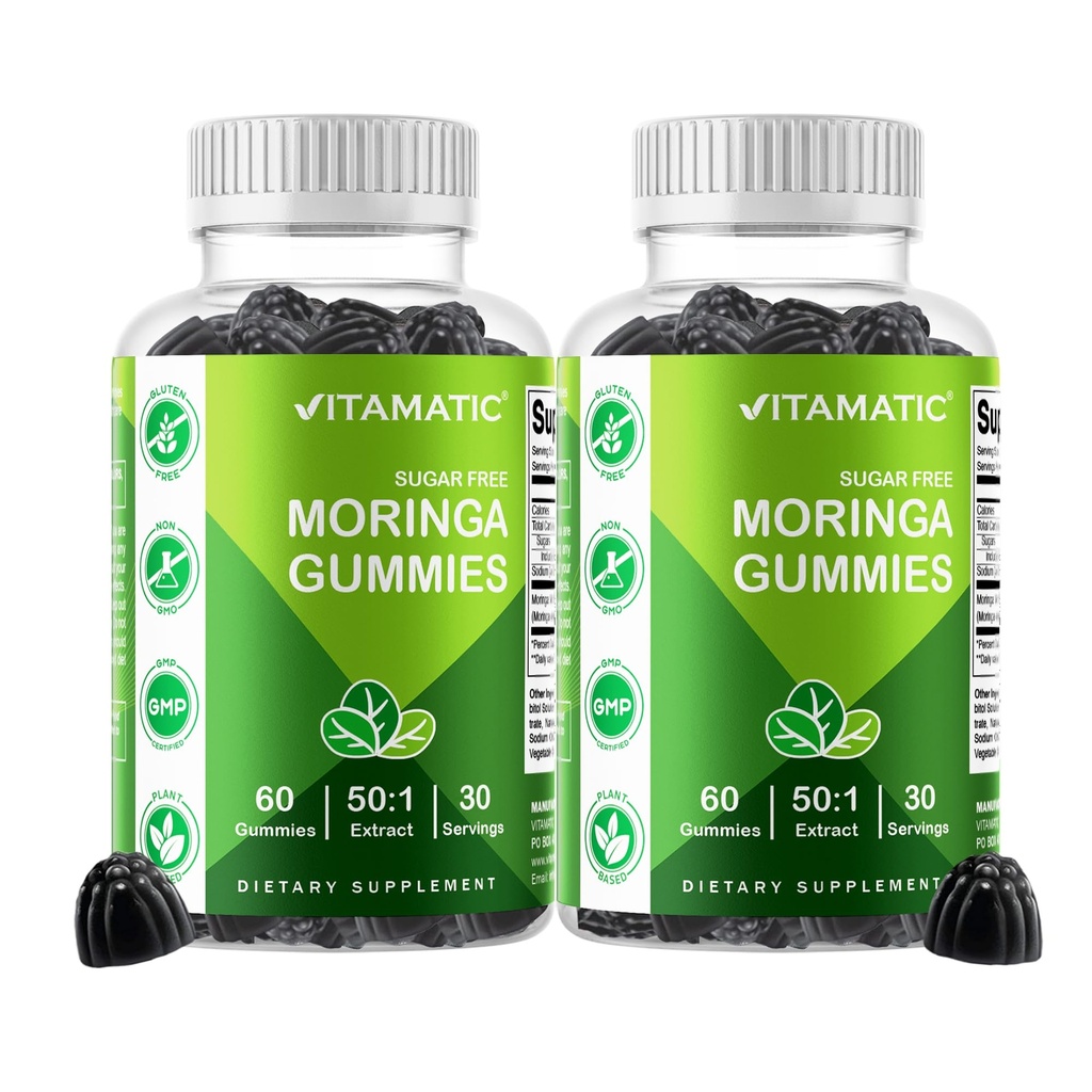 Vitamatic 2 Packs Sugar Free Moringa Gummies- 10000 mg Ækvivalent per servering (fra 50: 1 Extract 200 mg) - Complete Green Superfood 20X Extract - 60 Pectin Based Gummies