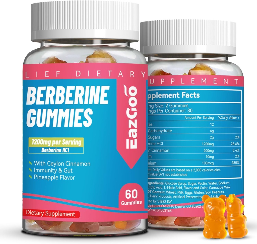 Berberine Gummies med Ceylon Cinnamon, 1200mg Berberine HCI Supplement for Metabolisme og energistøtte, Vegan, Non- GMO og Gelatin- Free - 60 Greve
