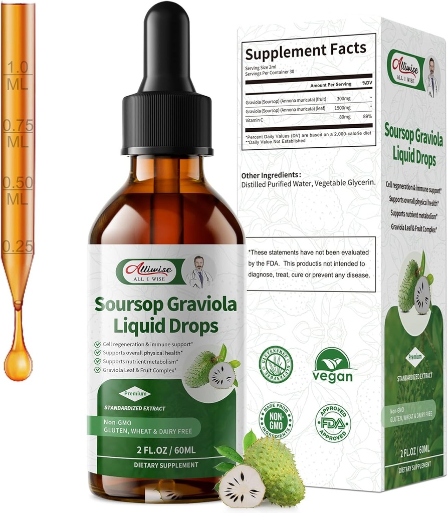 Soursop Graviola Liquid Drop, High Absorption Form Soursop blade & Fruit Complex, for Cell Regeneration & immunforsvar & fordøjelsesbesvær Bitters - Vegan Sour SOP Bitters Liquid - 2 Fl oz