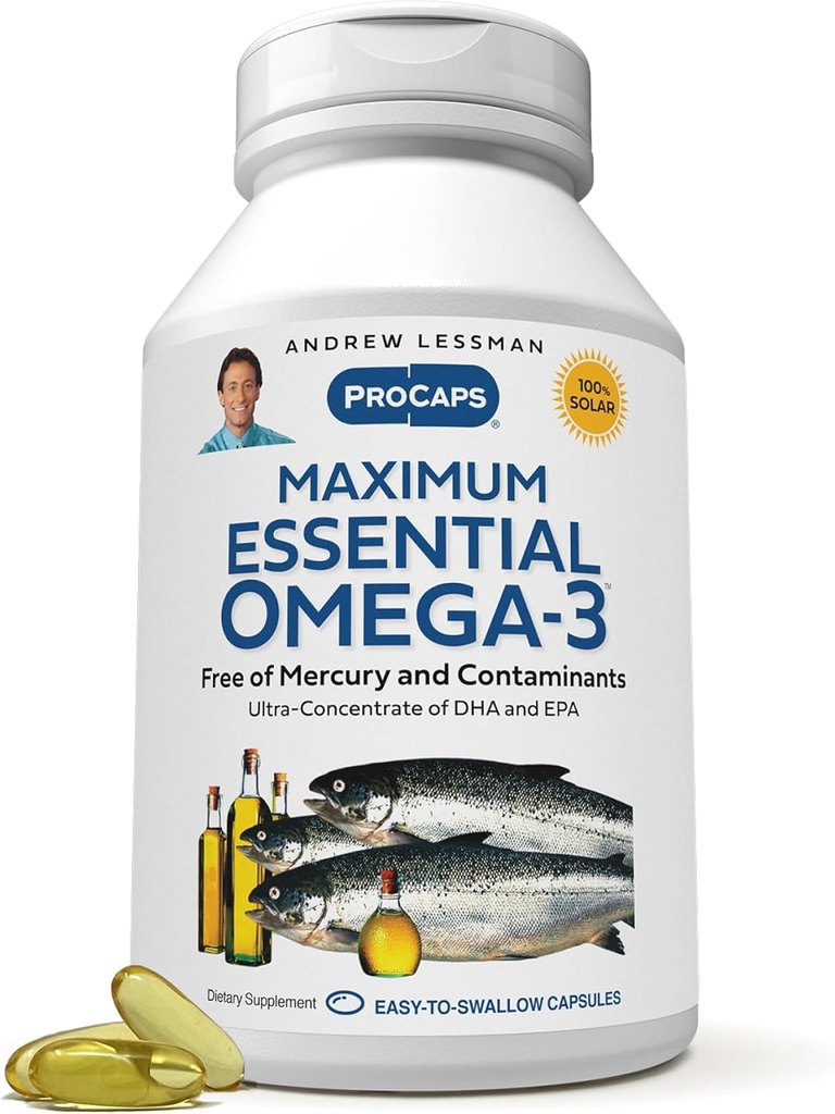 ANDREW LSSMAN Maximum Essential Omega-3 Unflavored, 360 Softgel - Ultra-Pure Omega-3 Fish Oil 1200 mg- High DHA, Ingen Mercury Supplement- Small, Let at synke Fish Oil Kapsler