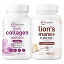 Mikroingredienser Multi Collagen Complex for kvinder & Lions Mane Supplement 240 Veggie Kapsler Bundle 2 Pack- Fed Collagen Peptider