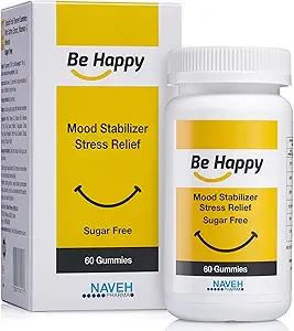 NAVEH PHARMA Be Happy Saffron Kosttilskud til voksne - Stress- Relief, Focus Gummies med Saffron Extract, D-vitamin og B12-vitamin - Great- Tasting, Sugar- Free Mood Support Supplement, 60 Ct.