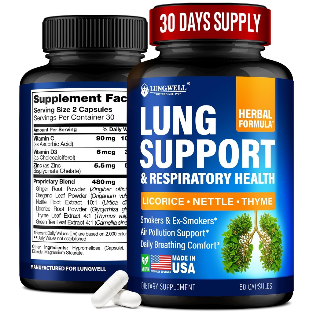Afslut rygestøtte til Lung Cleanse & Sundhed - Lavet i USA - Lung Detox med lakridsrod, Ginger & Nettle Root, Grøn te, Thyme & Oregano blade til Lung Clear Support & Stress Relief - 60 kapsler