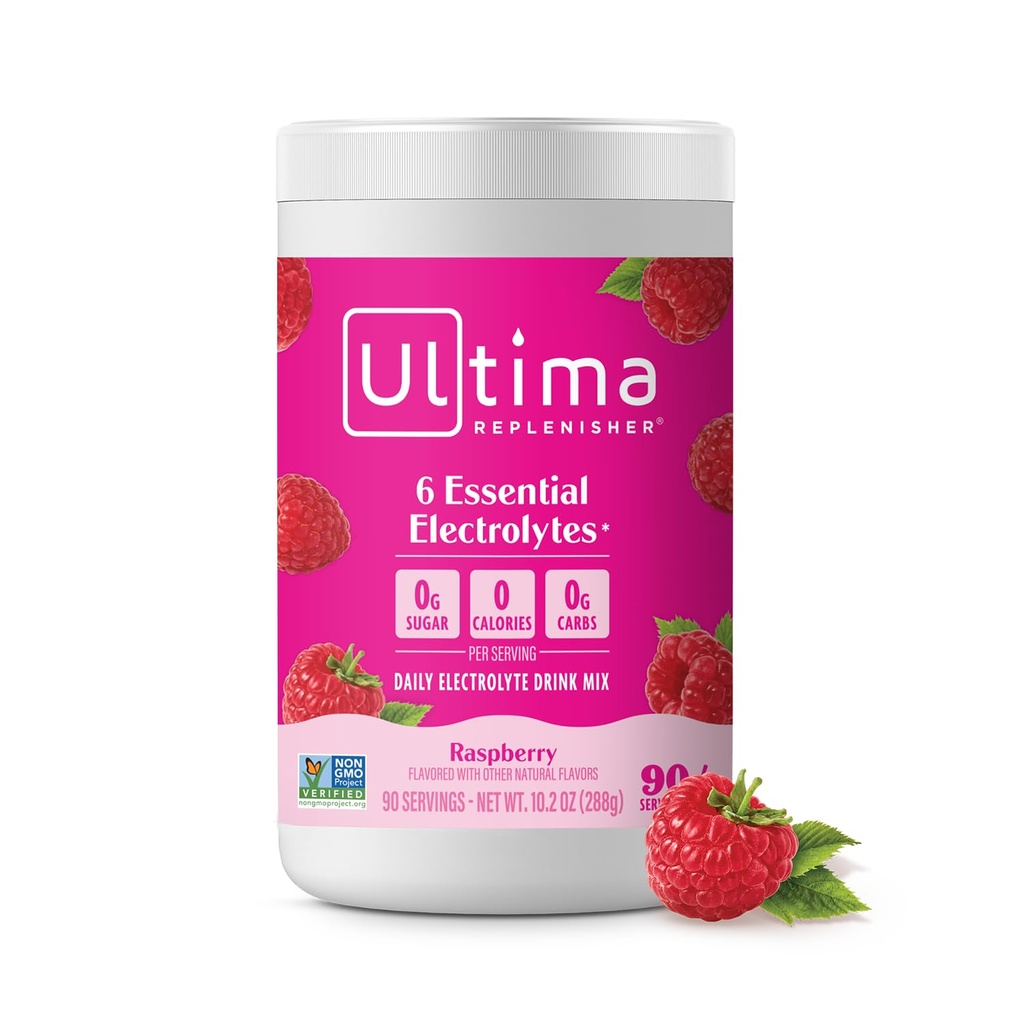Ultima Replenisher Daily Electrolyte Powder Drink Mix - Sukker fri - Hindbær, 90 Servering - Hydrering pulver med 6 Key Electrolytes og Trace Minerals - Keto Friendly, Vegan, Non- GMO