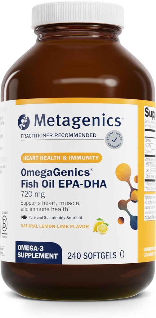 Metagenics OmegaGenics Fish Oil EPA- DHA 720 mg - Omega-3 Fish Oil Supplement - High Potency - for Heart Health, Muskuloskeletale Sundhed & Immunsystem Health * - med DHA & EPA - 240 Softgels