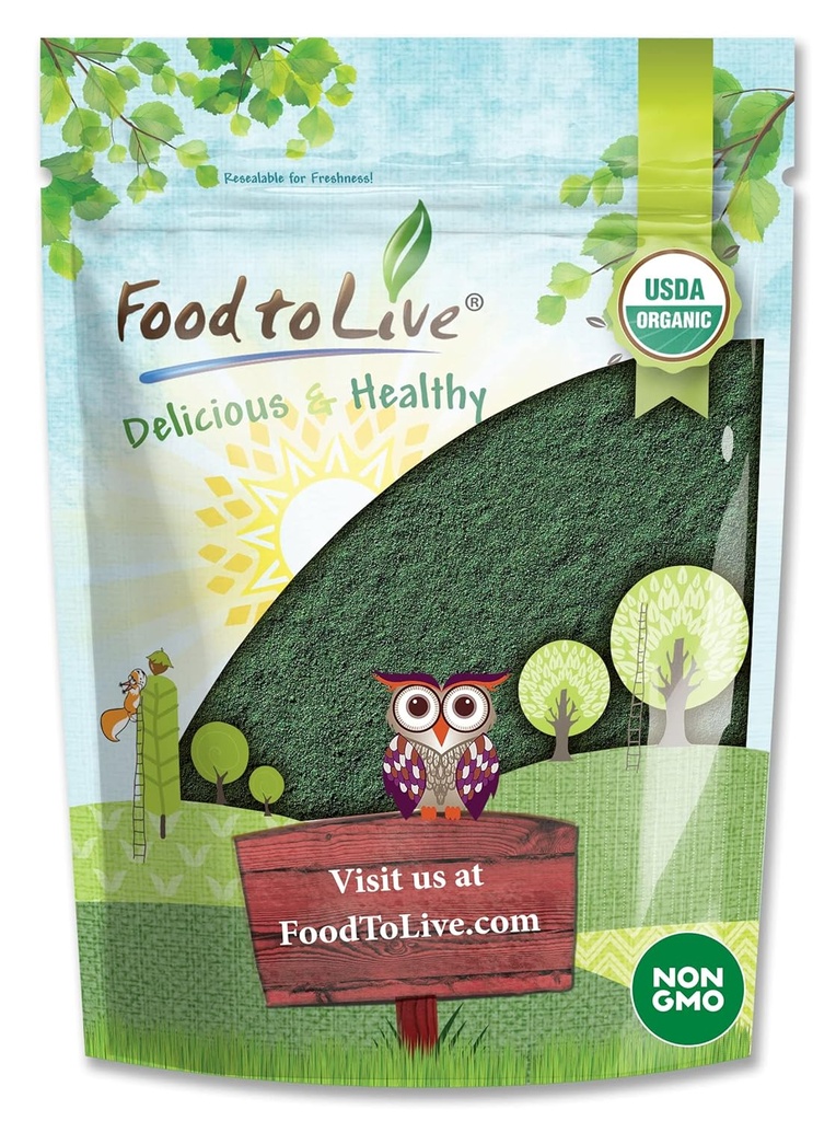 Food to Live Organic Spirulina Powder, 1 Pund - Non- GMO, Kosher, Raw Blue- Green Algae, Vegan Superfood, Bulk, Non- bestrålet, Pure Vegan Green Protein, Rig i vitaminer og mineraler, Great for drikkevarer