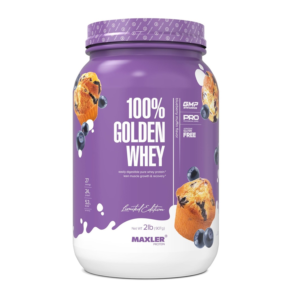 Maxler 100% Golden Whey Protein - 24g protein per servering - Premium Whey Protein Powder for Pre Post Workout - Fast- Absorbing Whey koncentrat, Isolere & Hydrolysate Blend - Blueberry Muffin 2 LB