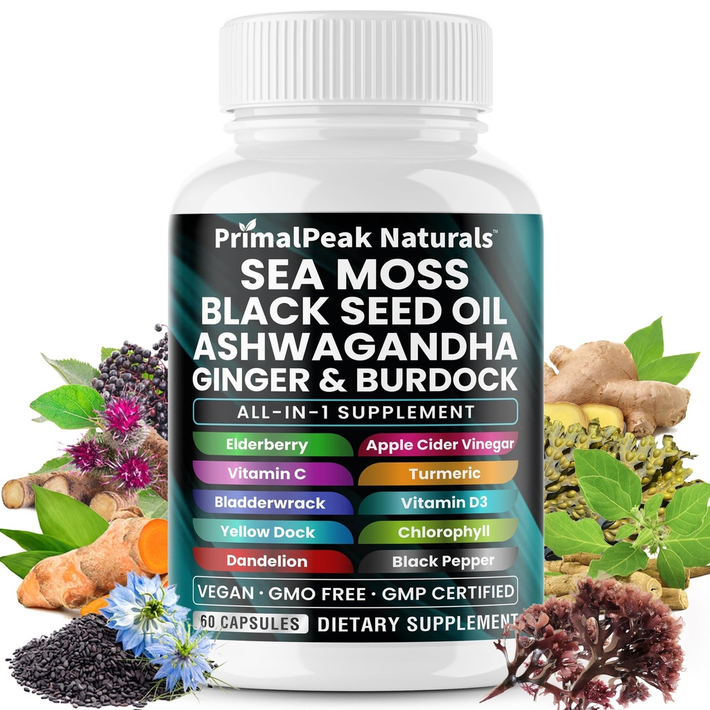 Sea Moss Black Seed Oil Ashwagandha Ginger Burdock Bladerwrack Gurkemeje & C-vitamin D3 med ACV Elderberry Chlorophyll Mælkebøtte Gul Dock Vegansk Kapsler - 60 Greve