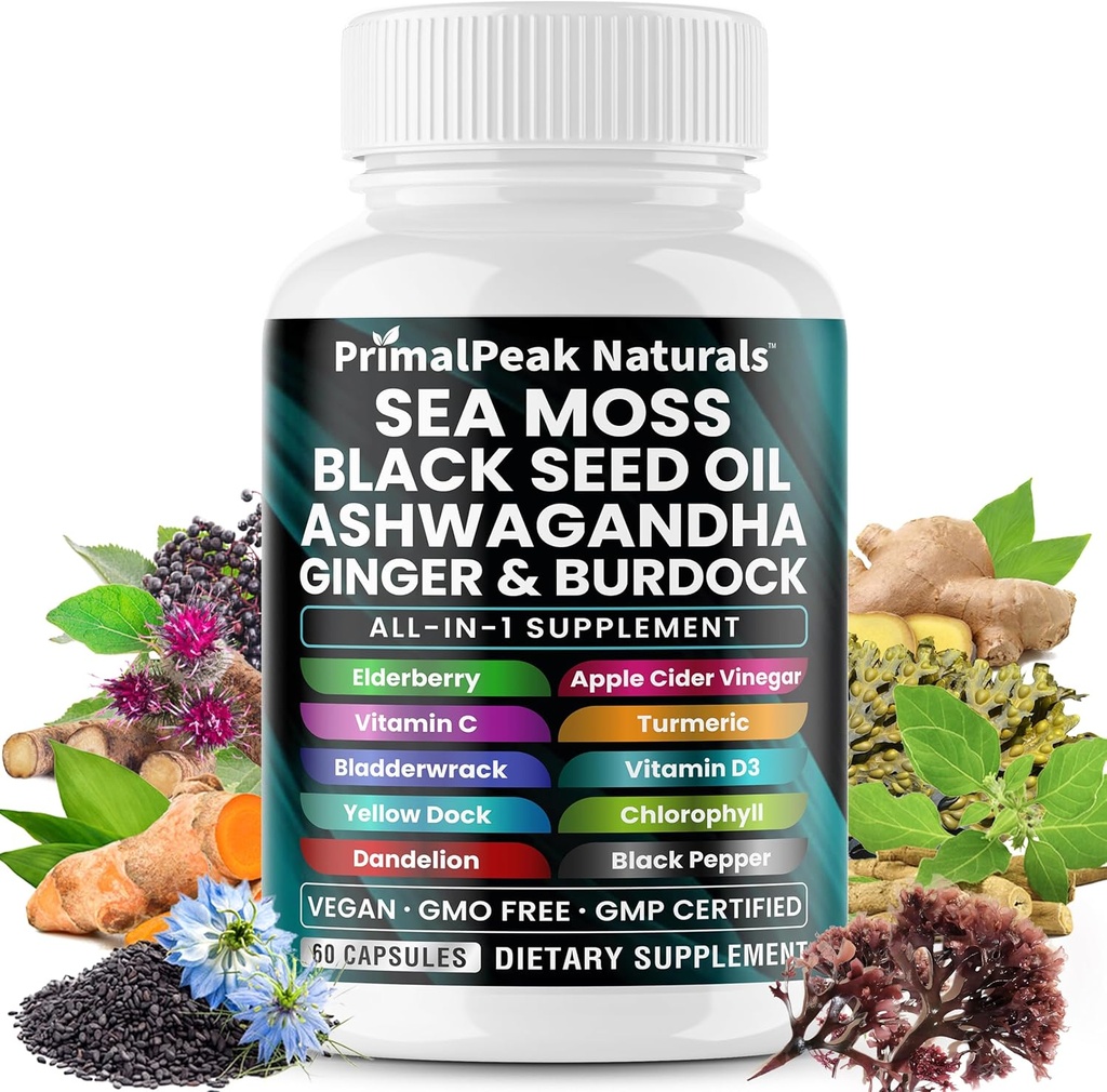 Sea Moss Black Seed Oil Ashwagandha Ginger Burdock Bladerwrack Gurkemeje & C-vitamin D3 med ACV Elderberry Chlorophyll Mælkebøtte Gul Dock Vegansk Kapsler - 60 Greve