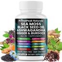 Sea Moss Black Seed Oil Ashwagandha Ginger Burdock Bladerwrack Gurkemeje & C-vitamin D3 med ACV Elderberry Chlorophyll Mælkebøtte Gul Dock Vegansk Kapsler - 60 Greve