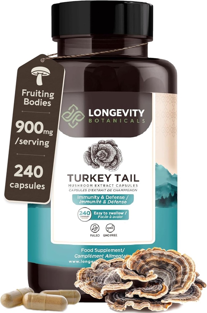 Organic Turkey Tail Mushroom Capsules Supplement (240) - 124; Pure Fruiting Body 10: 1 High Strength Extract 124; 50% Beta- D Glucans - 124; 9,000mg rå ækvivalent Per Serving - 124; immunforsvar, Gut & Microbiome Support