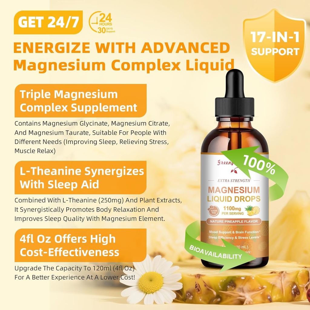 GREENPEOPLE Magnesium Glycinate Liquid Drop - 17- in-1 4Fl. Oz Triple Magnesium Complex supplement med Glycinate 400mg & Citrate 500mg Taurat / L- Theanin for Calm Mood / Muscle / Sleep, Pineapple Flavor