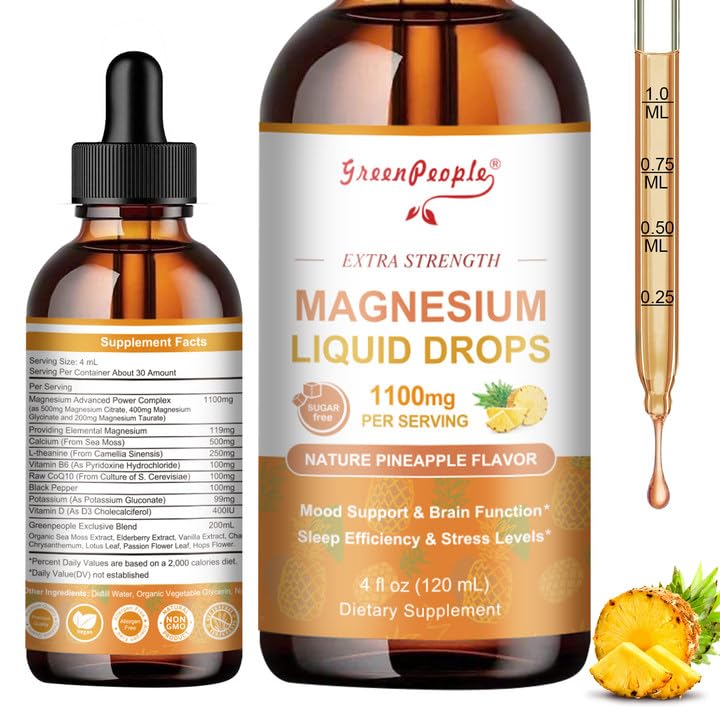 GREENPEOPLE Magnesium Glycinate Liquid Drop - 17- in-1 4Fl. Oz Triple Magnesium Complex supplement med Glycinate 400mg & Citrate 500mg Taurat / L- Theanin for Calm Mood / Muscle / Sleep, Pineapple Flavor