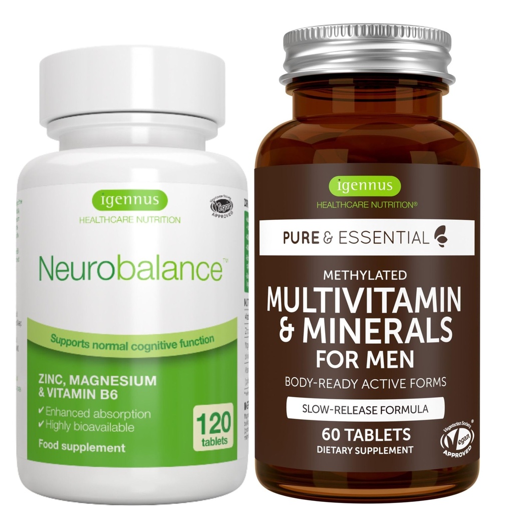 Neurobalance + Multivitamin & Mineraler til mænd Vegansk Bundle, Høj Absorption Zink, Magnesium & B6 supplement + Vedvarende udløsning Multivitamin af Igennus