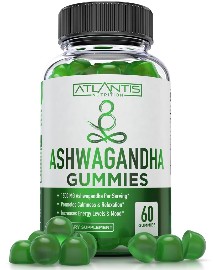 Atlantis Nutrition Ashwagandha Gummies - 1500 MG Per Serving - Promotes Calmness, Improves Mood, Boosts Energy Levels & Strengthens Immune System - Formulated with Vitamin D & Zinc - Vegan | 60 Count