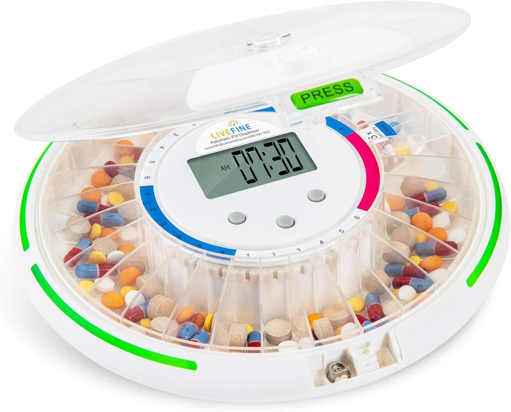 Live Fine Automatic Pill Dispenser med 28-dages elektronisk medicinering Organizer, 6 dosering Skabeloner, Easy@-@ Læs LCD-skærm, lyd & lysalarmer & nøglen til receptioner, vitaminer, kosttilskud og mere