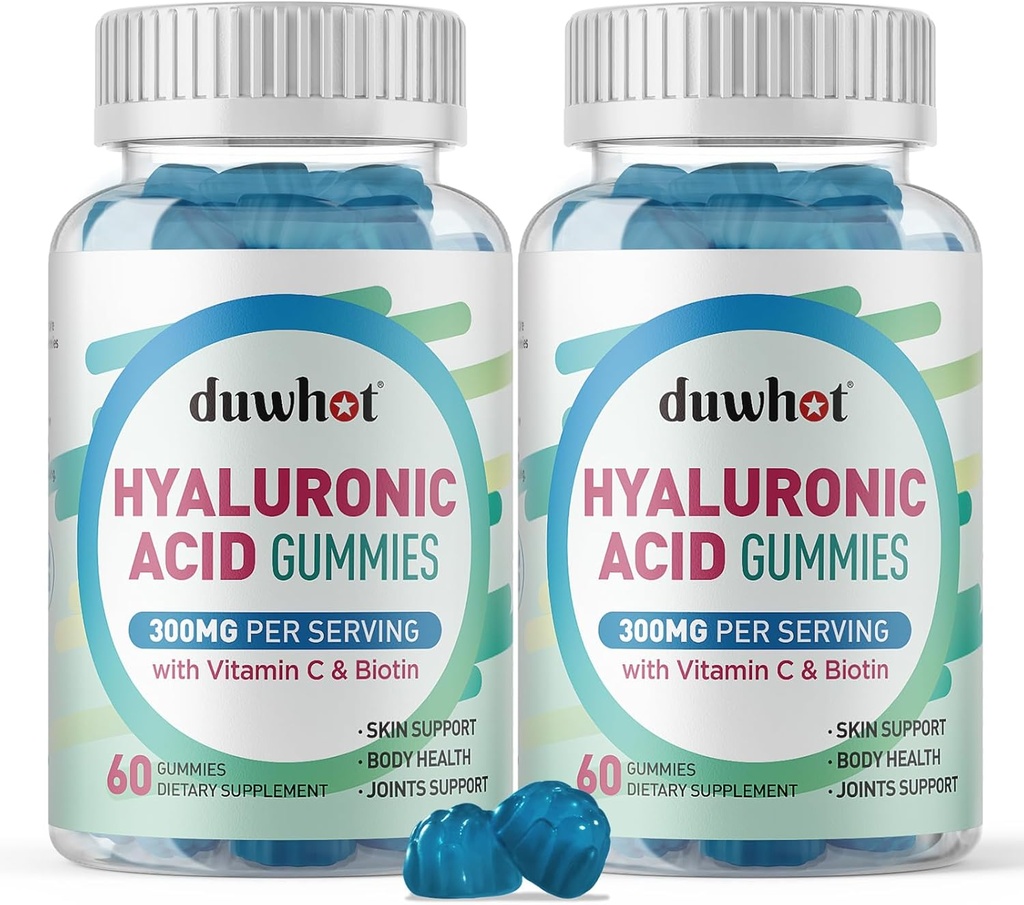 Hyaluronsyre Gummies, Hyaluronsyre Kosttilskud med C-vitamin & biotin 5000mcg til hud, hår, negle sundhed, Joints Kosttilskud til kvinder og mænd, lavt sukker, Vegan, non-GMO, 60 Counts
