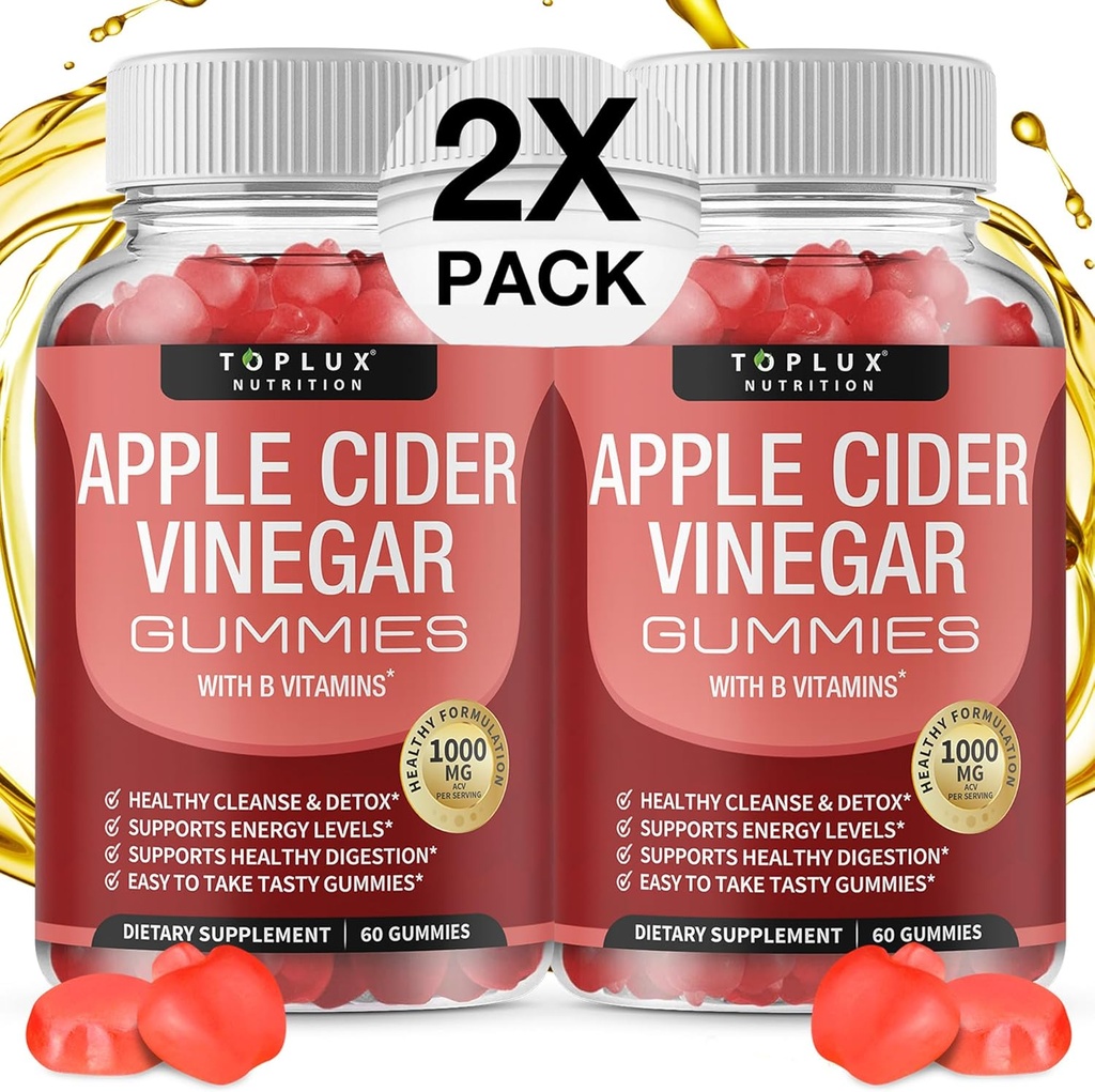 Toplux Apple Cider Vinegar Gummies - 1000mg ACV med B12, Beet Root, Pomegranat til immunsystem, Detox & Cleanse, Gummy Alternativ til Apple Cider Vinegar Kapsler, for Mænd Kvinder 2X Pack