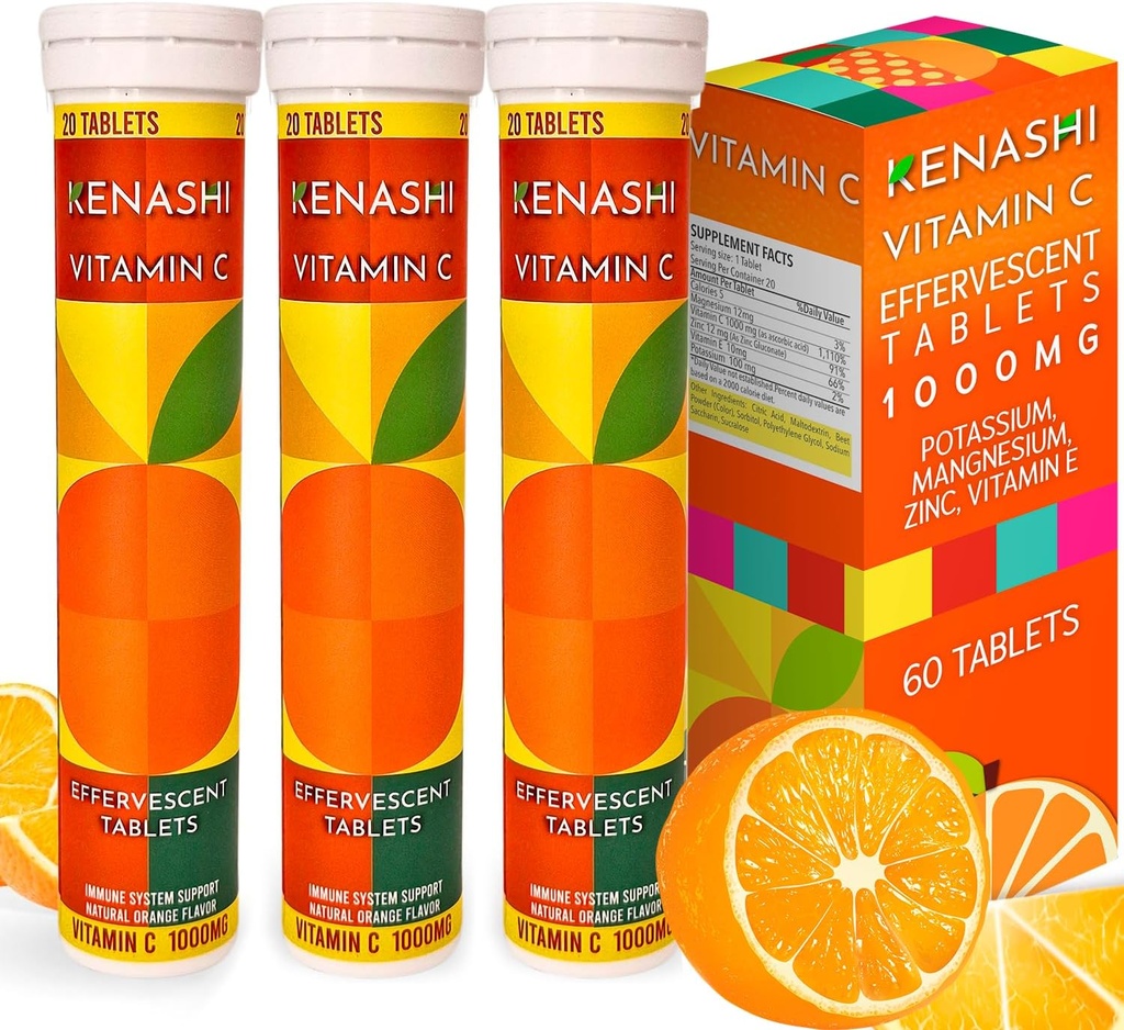Vitamin C Effervescent tabletter 1000mg med Magnesium Zink Vitamin E & Kalium Vitamina C Efervescente 60 Tabel 3 Pack Vitamina C