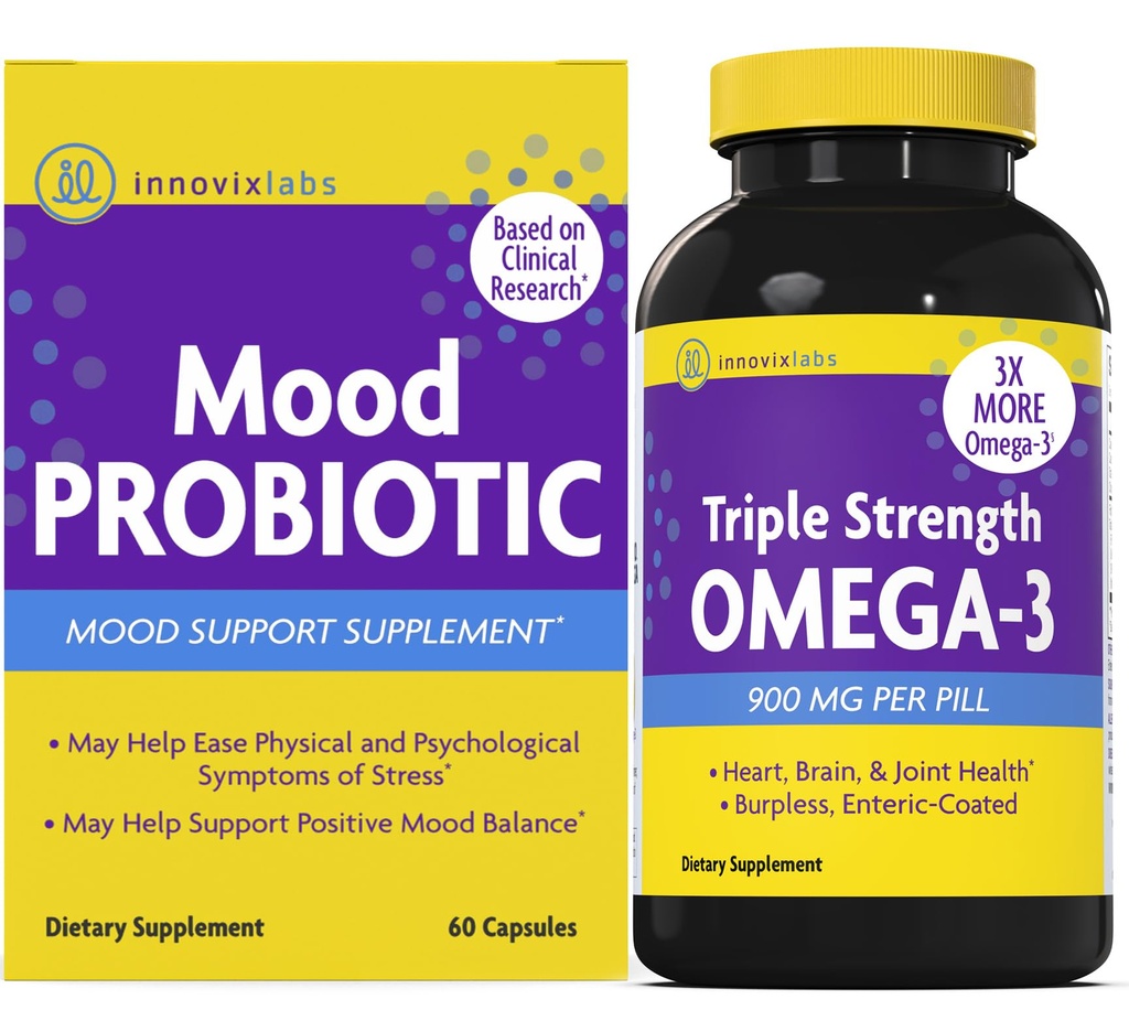 InnovixLabs Mood Probiotic & Triple Omega Bundle Mood Probiotic (60 kapsler) Triple Strength Omega-3 Fish Oil (200 Softgel). Understøtter Brain, Joints og immunforsvar *
