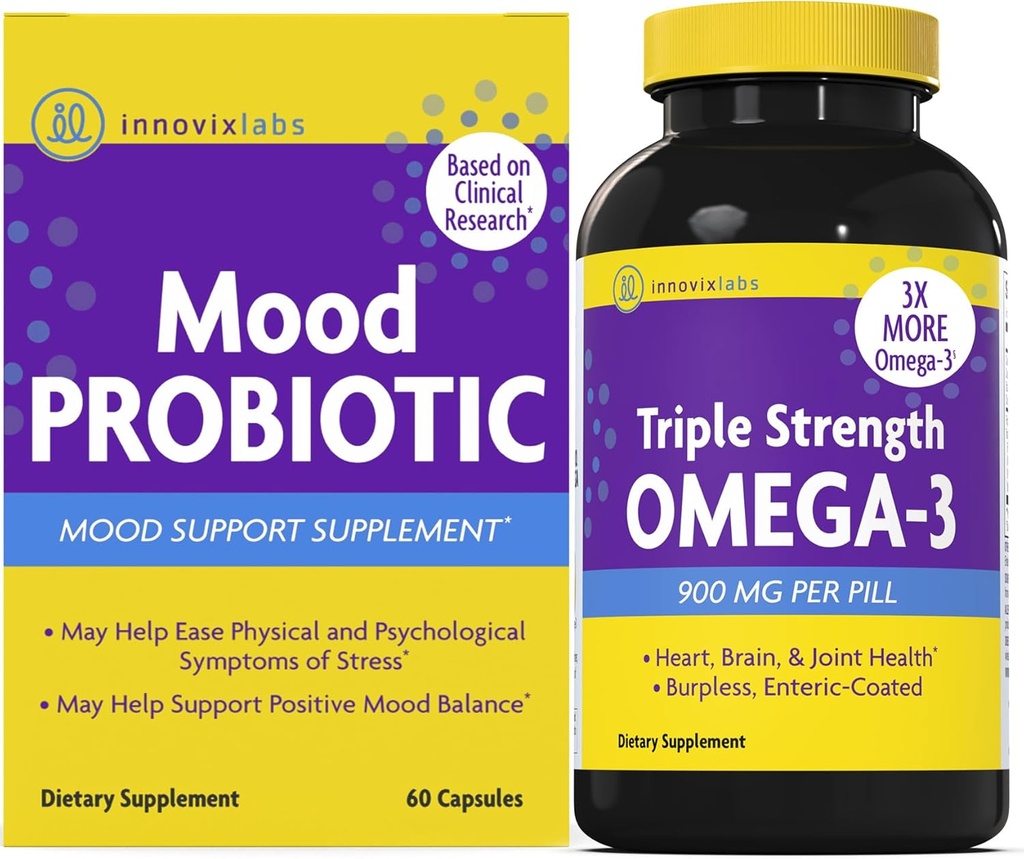 InnovixLabs Mood Probiotic & Triple Omega Bundle Mood Probiotic (60 kapsler) Triple Strength Omega-3 Fish Oil (200 Softgel). Understøtter Brain, Joints og immunforsvar *