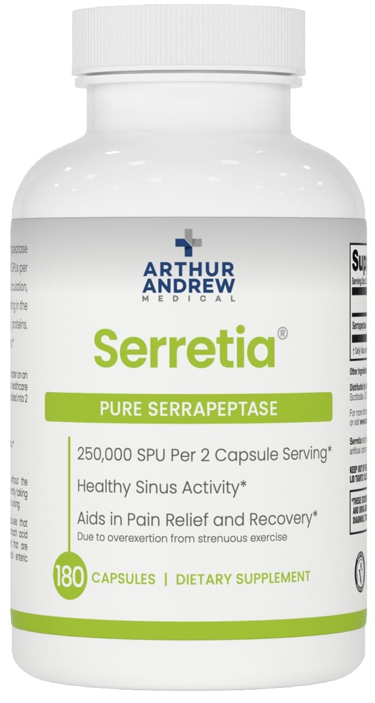 Arthur Andrew Medical, Serretia, Serrapeptase Formel for muskel og Sinus Support, 180 kapsler