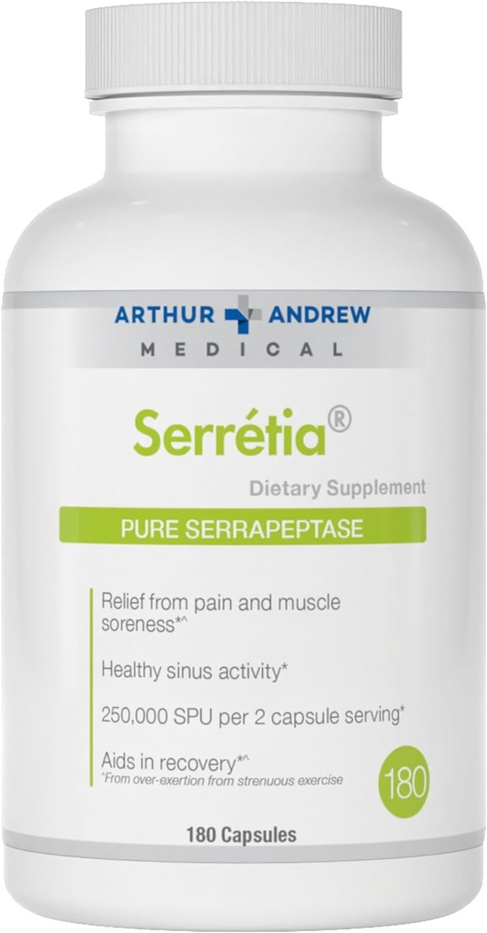 Arthur Andrew Medical, Serretia, Serrapeptase Formel for muskel og Sinus Support, 180 kapsler