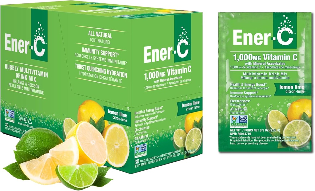 Energi- C Multivitamin Drink Mix - Vitamin Pakninger til vand, Elektrolytter Pulver Pakninger, Vitamin Drink Mix, Hydrering Væske Mix, Immunbooster til voksne, Sund Energi - Lemon Lime, 30 Greve
