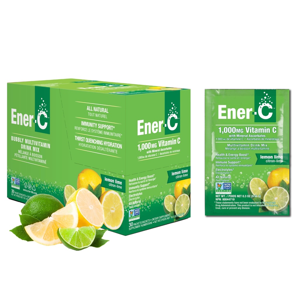 Energi- C Multivitamin Drink Mix - Vitamin Pakninger til vand, Elektrolytter Pulver Pakninger, Vitamin Drink Mix, Hydrering Væske Mix, Immunbooster til voksne, Sund Energi - Lemon Lime, 30 Greve